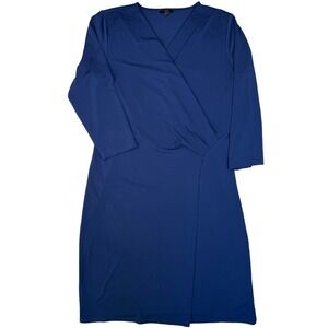 Talbots‎ MEDIUM Petites Navy Blue Faux Wrap Dress Midi 3/4 Sleeve Casual Elegant